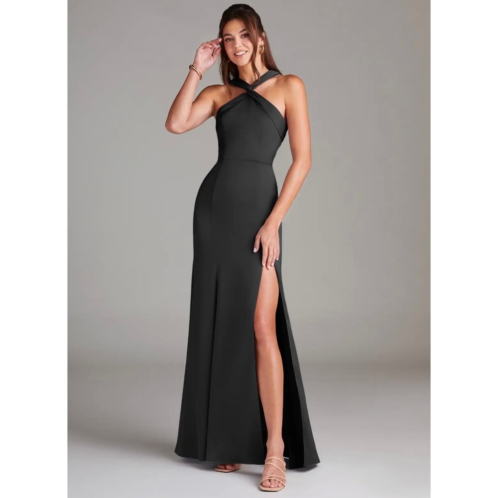 NWT Azazie Rue Black Mermaid Pleated Stretch Satin Dress Bridesmaid Size A8